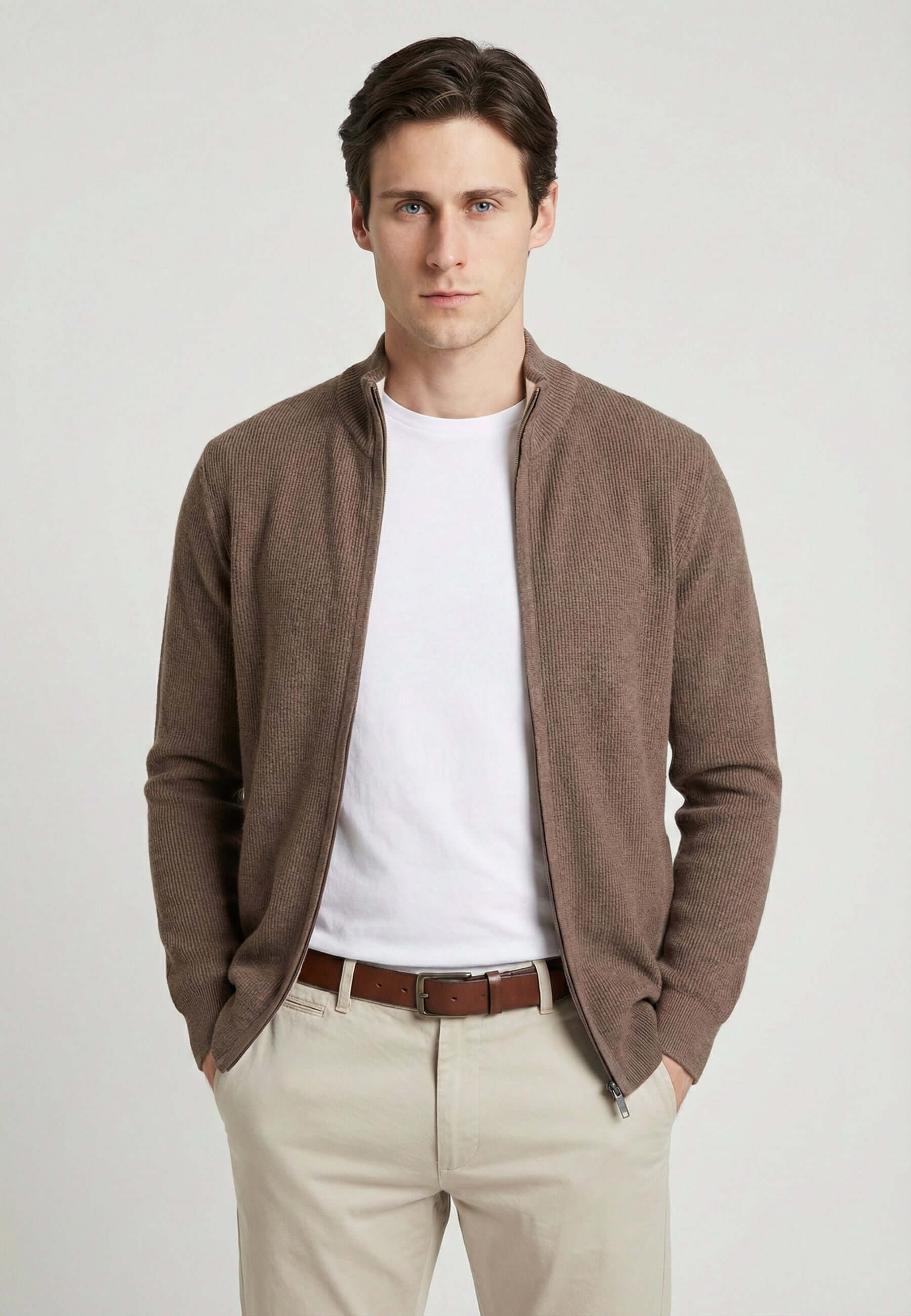 High Neck Full Zipper Long Sleeve Cardigan