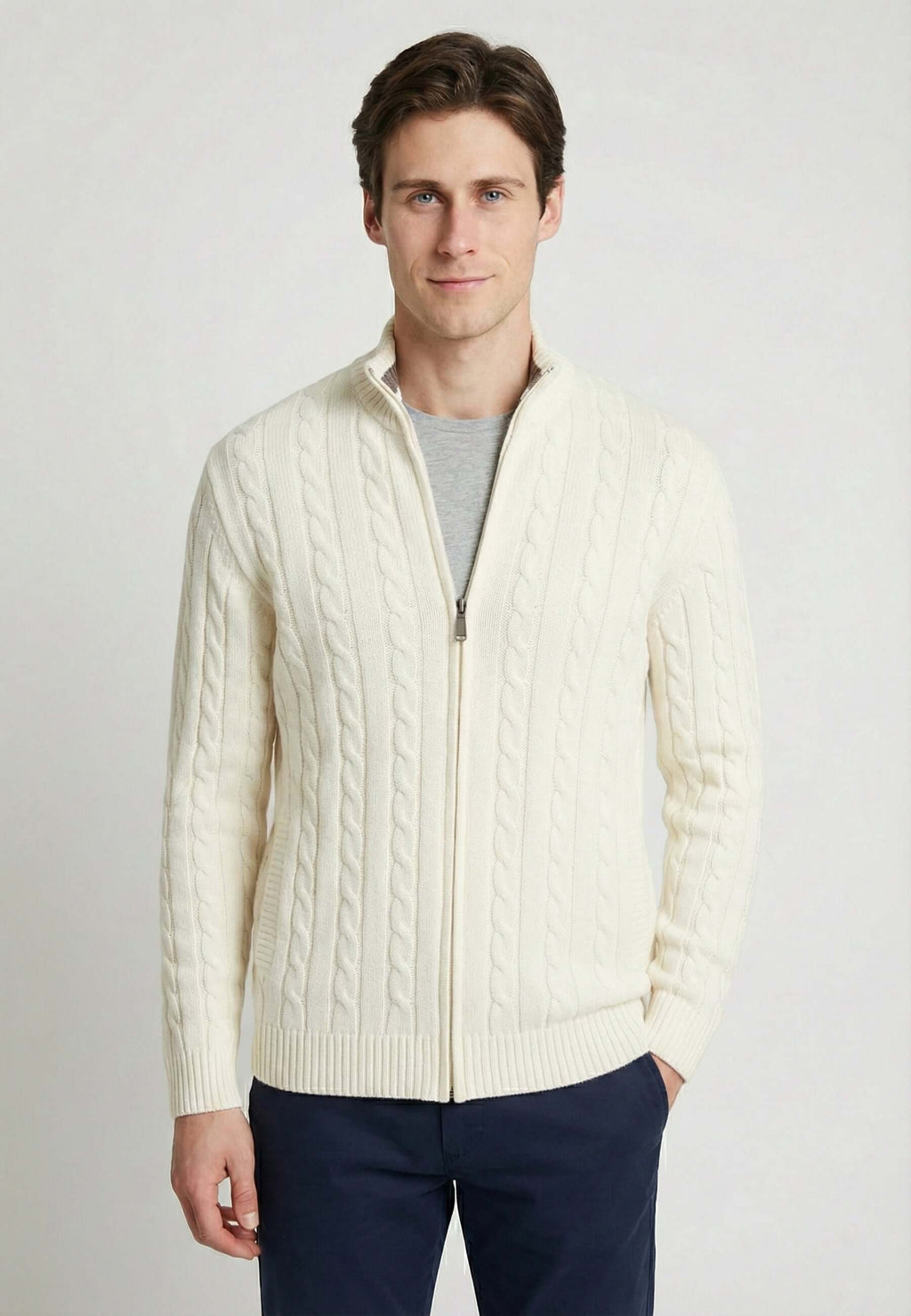 Cable Knit Full Zipper Long Sleeve Cardigan
