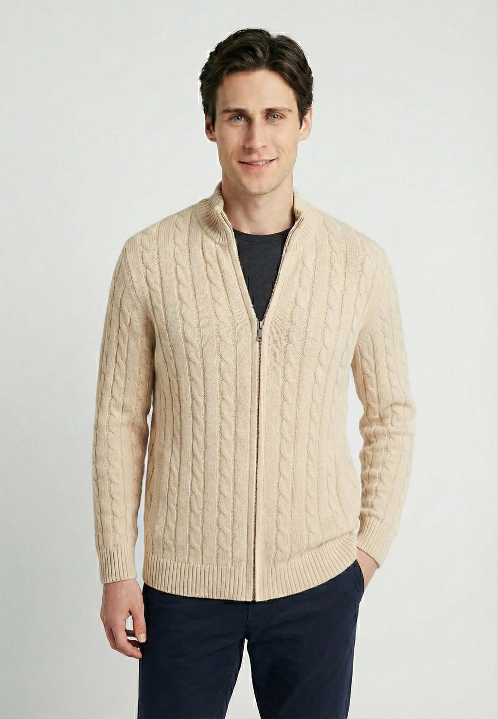 Cable Knit Full Zipper Long Sleeve Cardigan