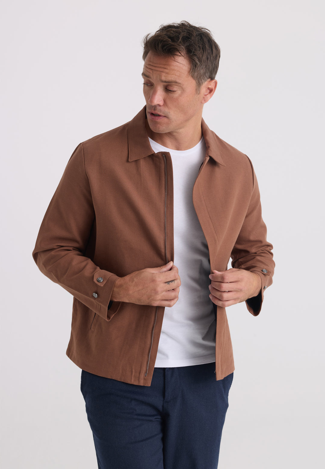 Men’s Cotton-Linen Zip Jacket - Brown