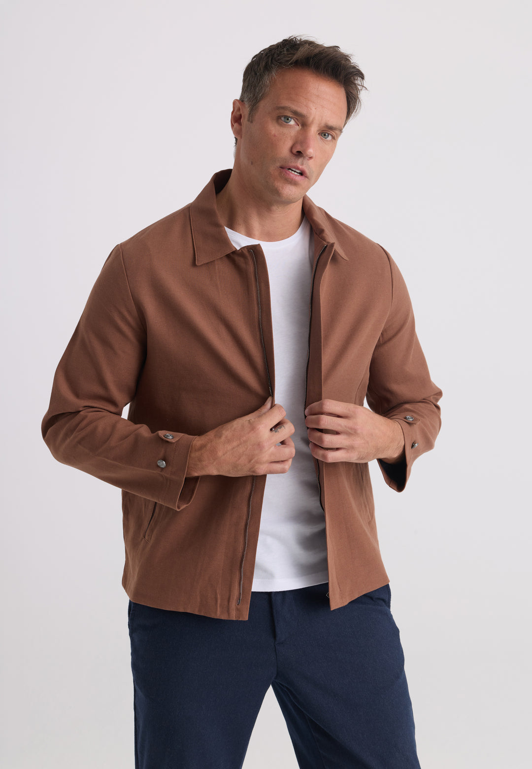 Men’s Cotton-Linen Zip Jacket - Brown