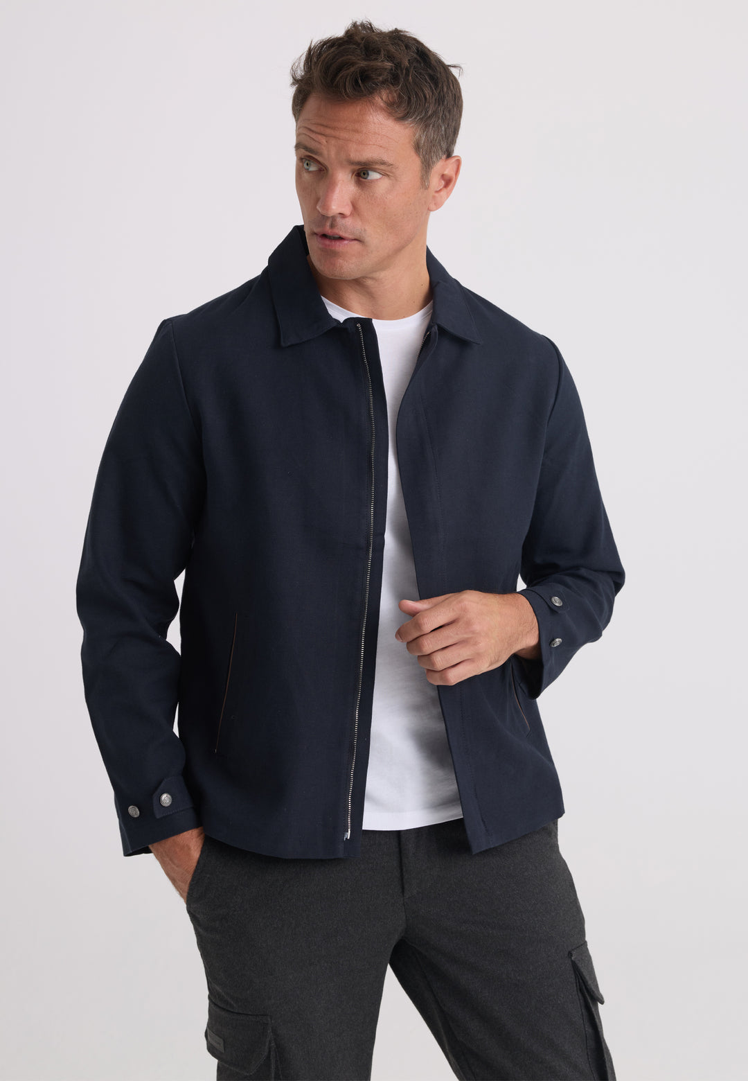 Men’s Cotton-Linen Zip Jacket - Dark blue