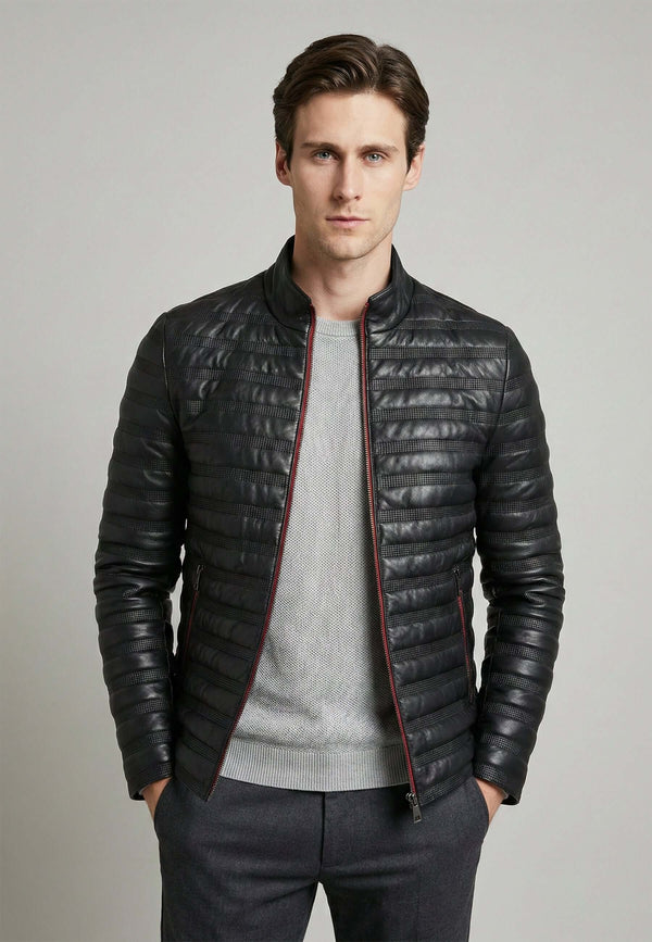 Full-Zipper High Neck Leather Jacket