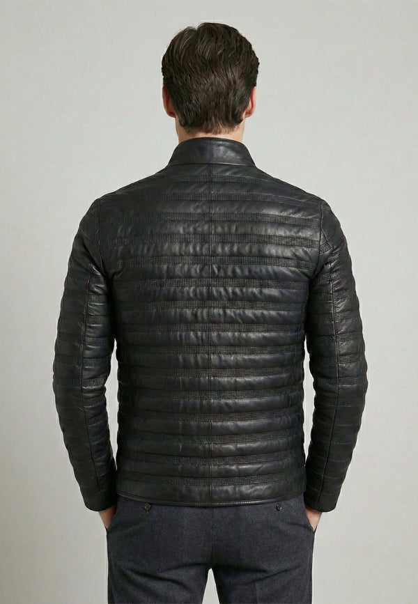 Full-Zipper High Neck Leather Jacket