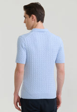 Men Cable Knit Polo Shirt Short Sleeve - Light blue