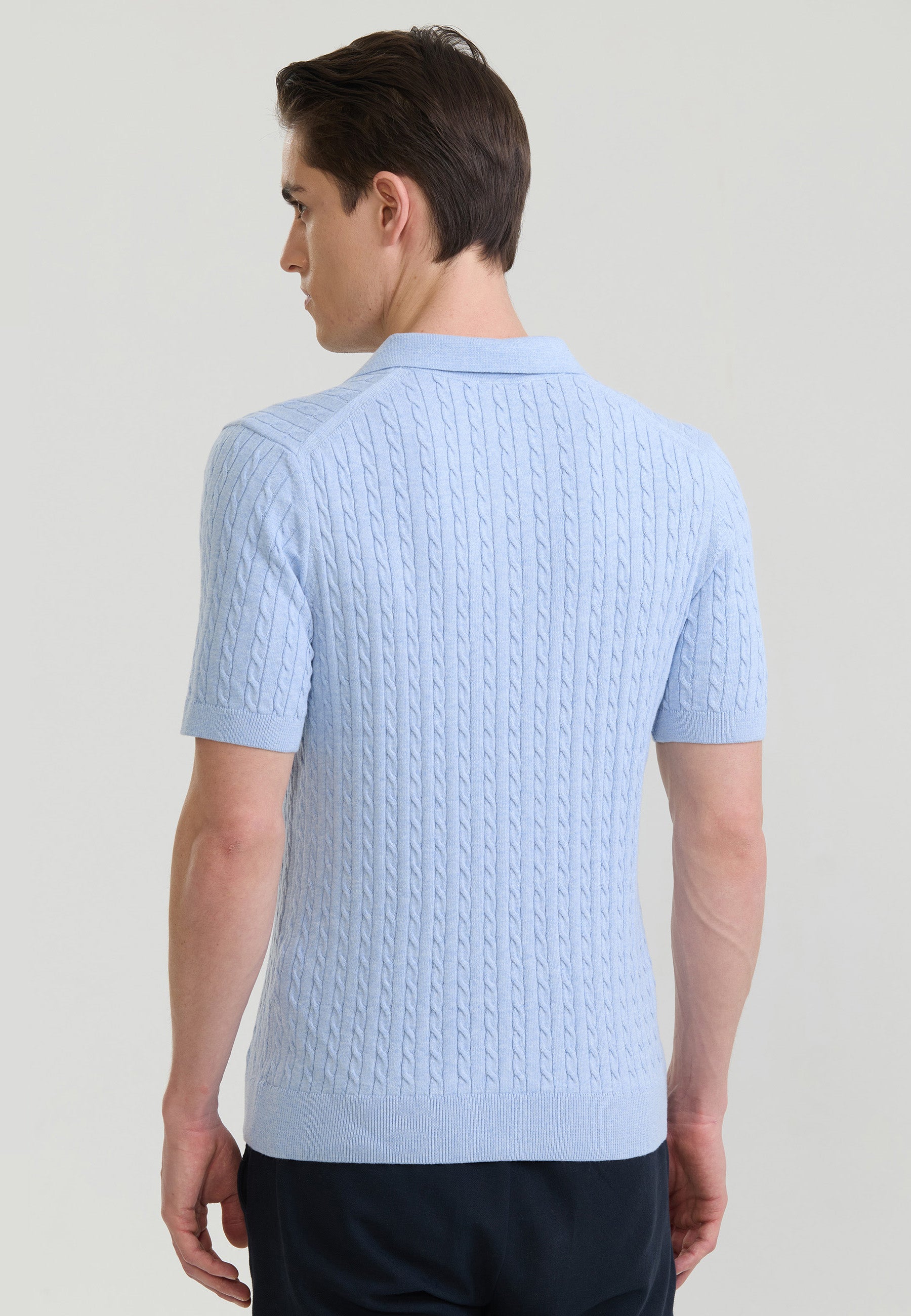 Men Cable Knit Polo Shirt Short Sleeve