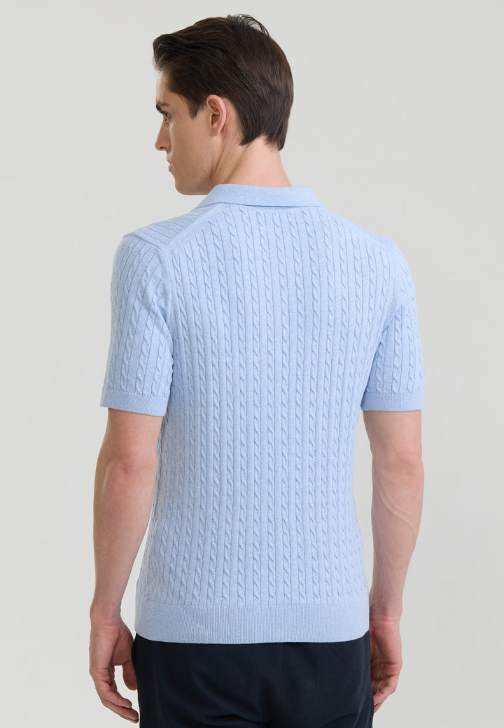 Men Cable Knit Polo Shirt Short Sleeve