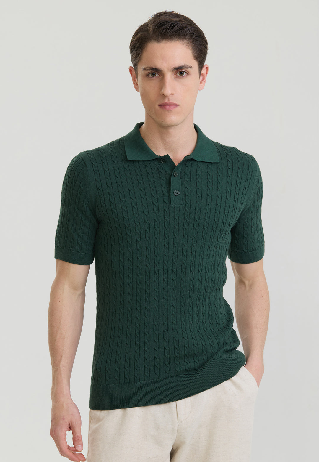 Men Cable Knit Polo Shirt Short Sleeve