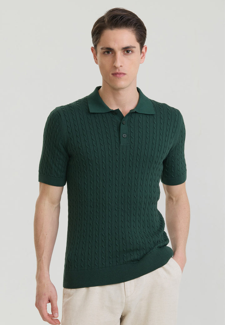 Men Cable Knit Polo Shirt Short Sleeve - Light blue