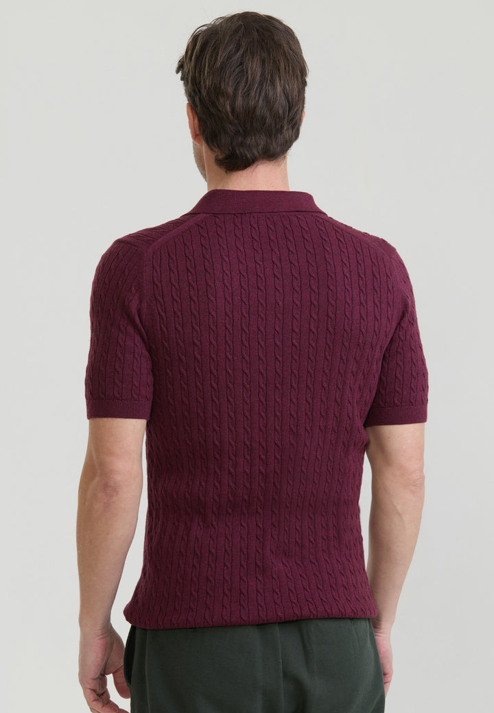Men Cable Knit Polo Shirt Short Sleeve