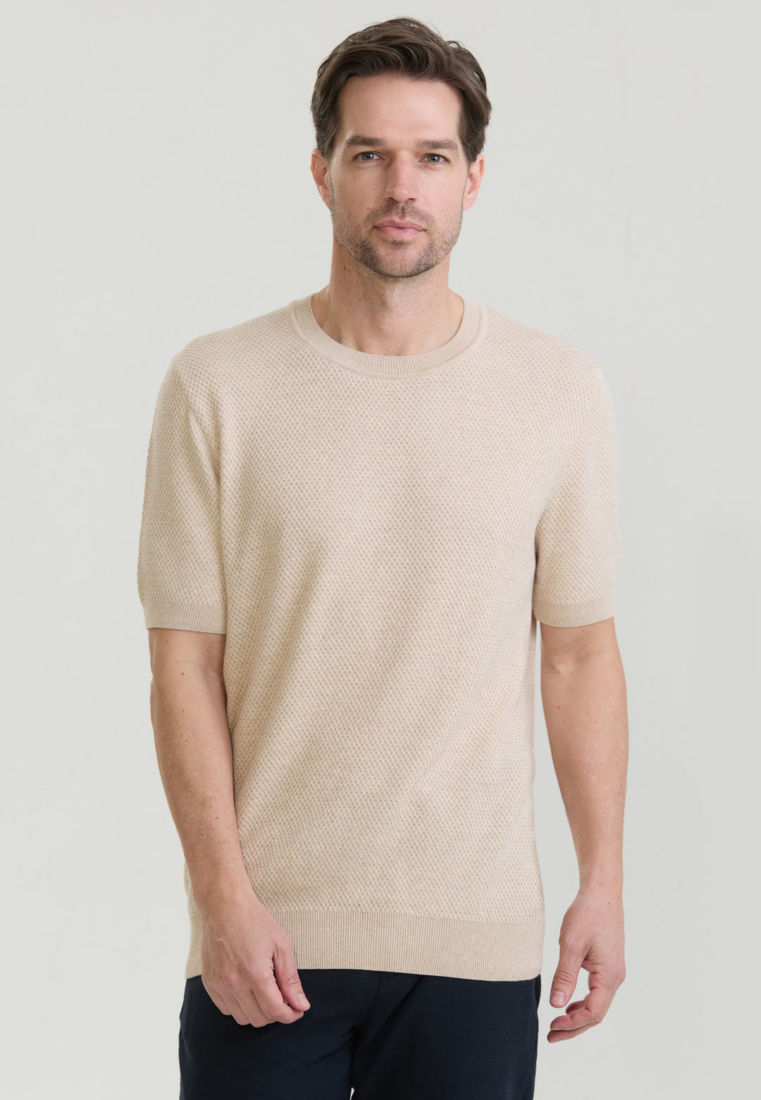 Men Basic Crew Neck Knit T-Shirt – Beige