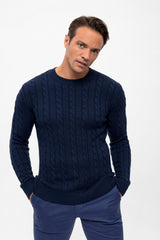 Langarmpullover mit Rundhals und Zopfmuster - Dunkelblau