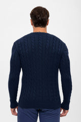 Langarmpullover mit Rundhals und Zopfmuster - Dunkelblau