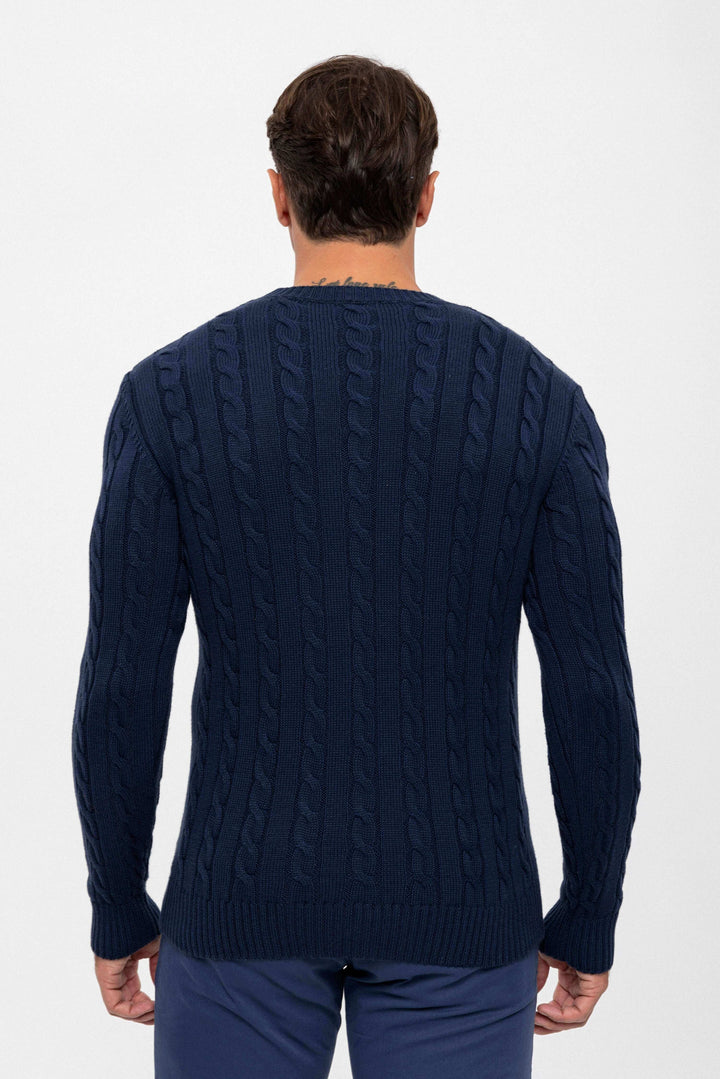 Cable Knit Crew Neck Long Sleeve Pullover - Dark blue