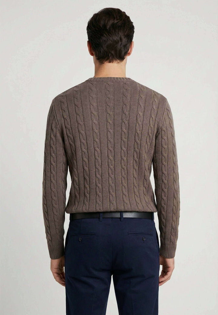 Cable Knit Crew Neck Long Sleeve Pullover - Brown