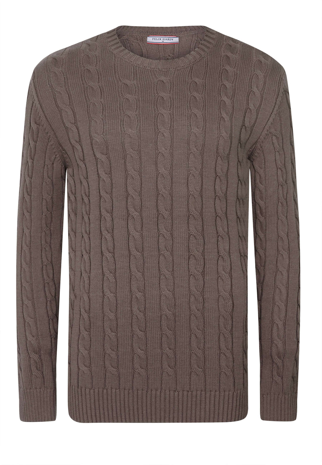 Cable Knit Crew Neck Long Sleeve Pullover - Brown