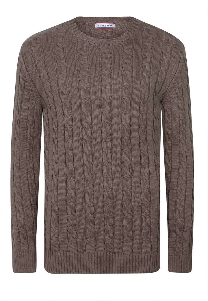 Cable Knit Crew Neck Long Sleeve Pullover - Brown