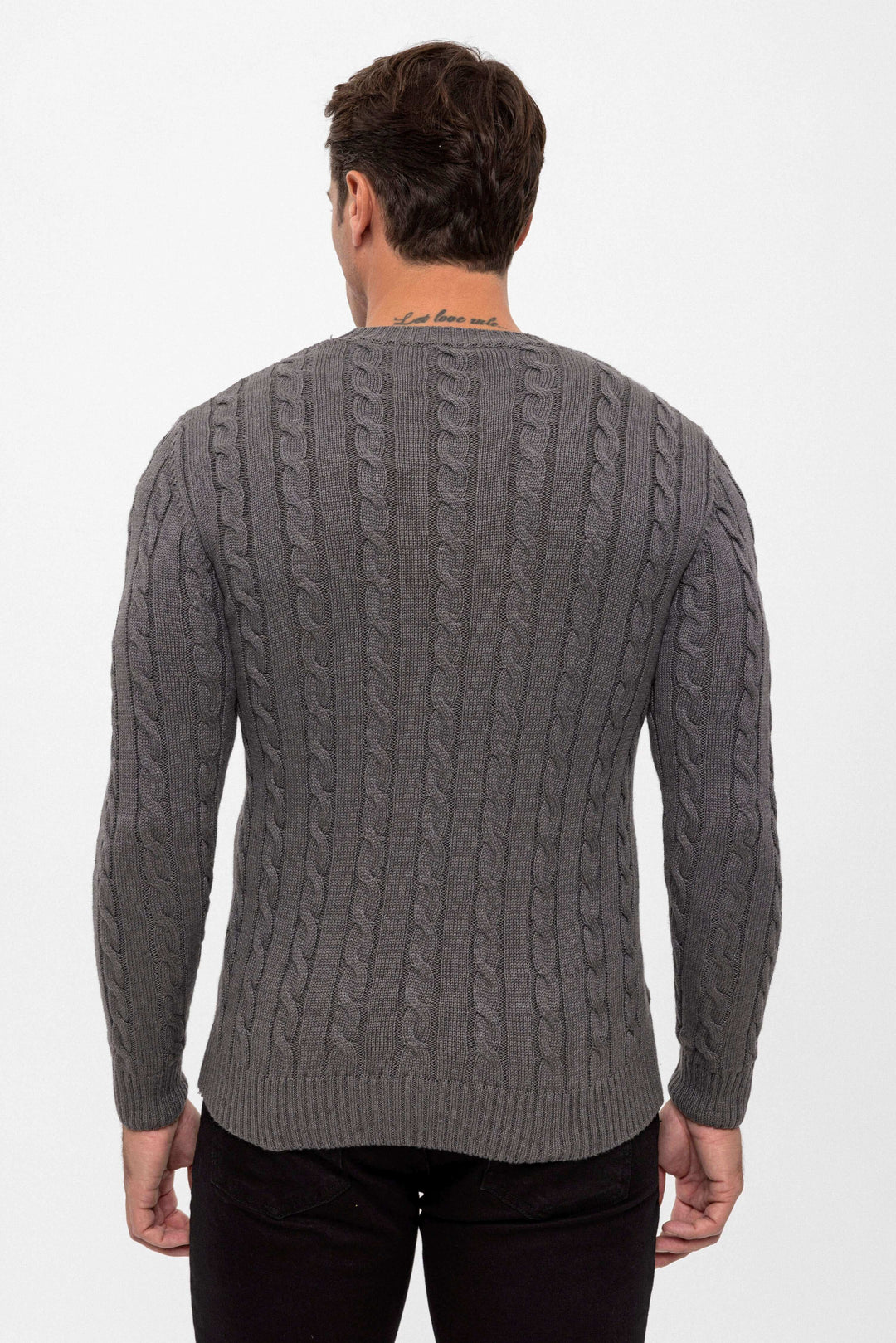 Cable Knit Crew Neck Long Sleeve Pullover - Anthracite