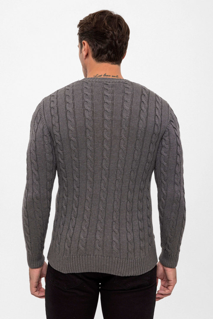 Cable Knit Crew Neck Long Sleeve Pullover - Anthracite