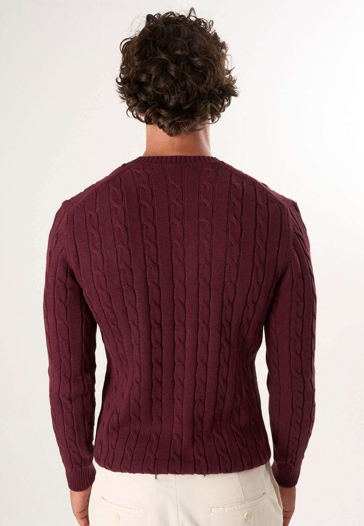 Cable Knit Crew Neck Long Sleeve Pullover - Bordeaux