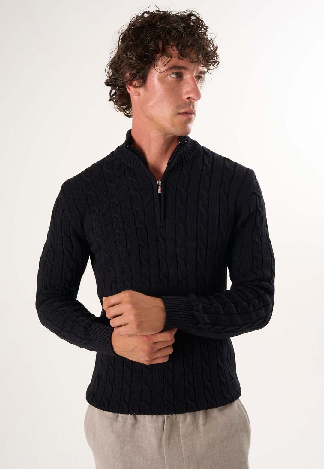 Cable Knit Half Zipper Long Sleeve Pullover - Black