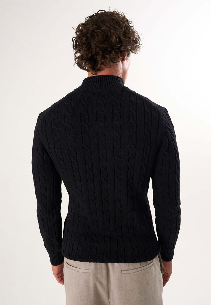 Cable Knit Half Zipper Long Sleeve Pullover - Black