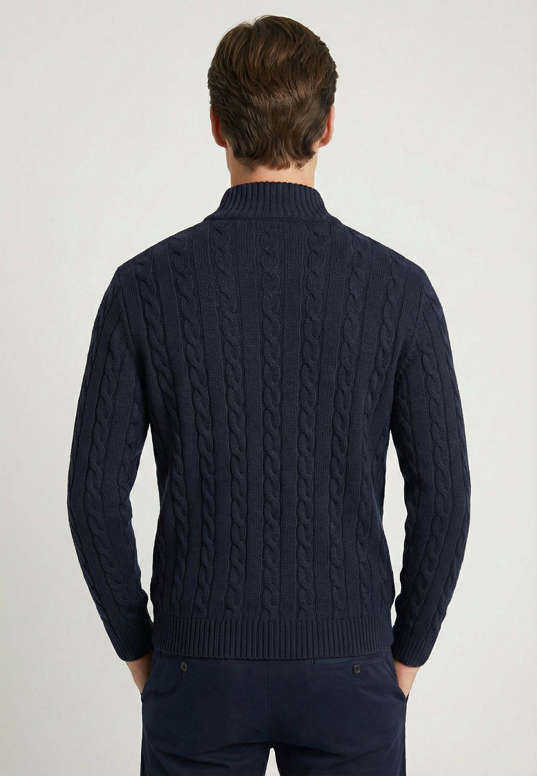 Jersey de punto de ochos de manga larga con media cremallera - Azul oscuro