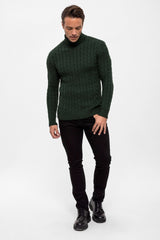Cable Knit Turtleneck Long Sleeve Pullover - Green