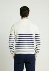 Stribet herrepullover med halv lynlås – offwhite