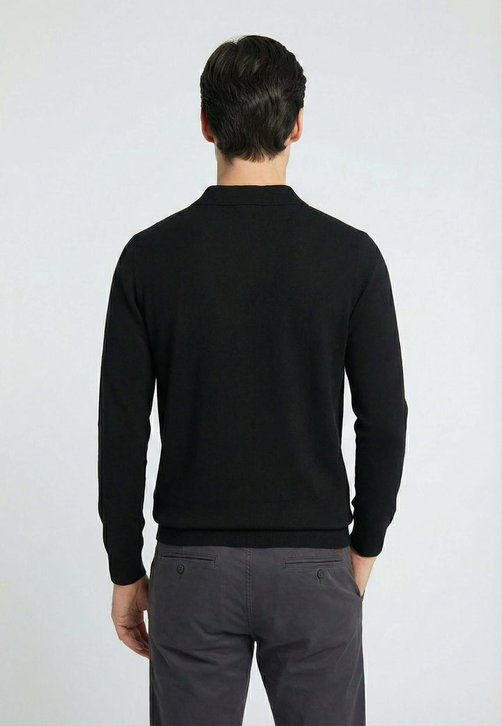 Knitted long sleeve polo for men - Black