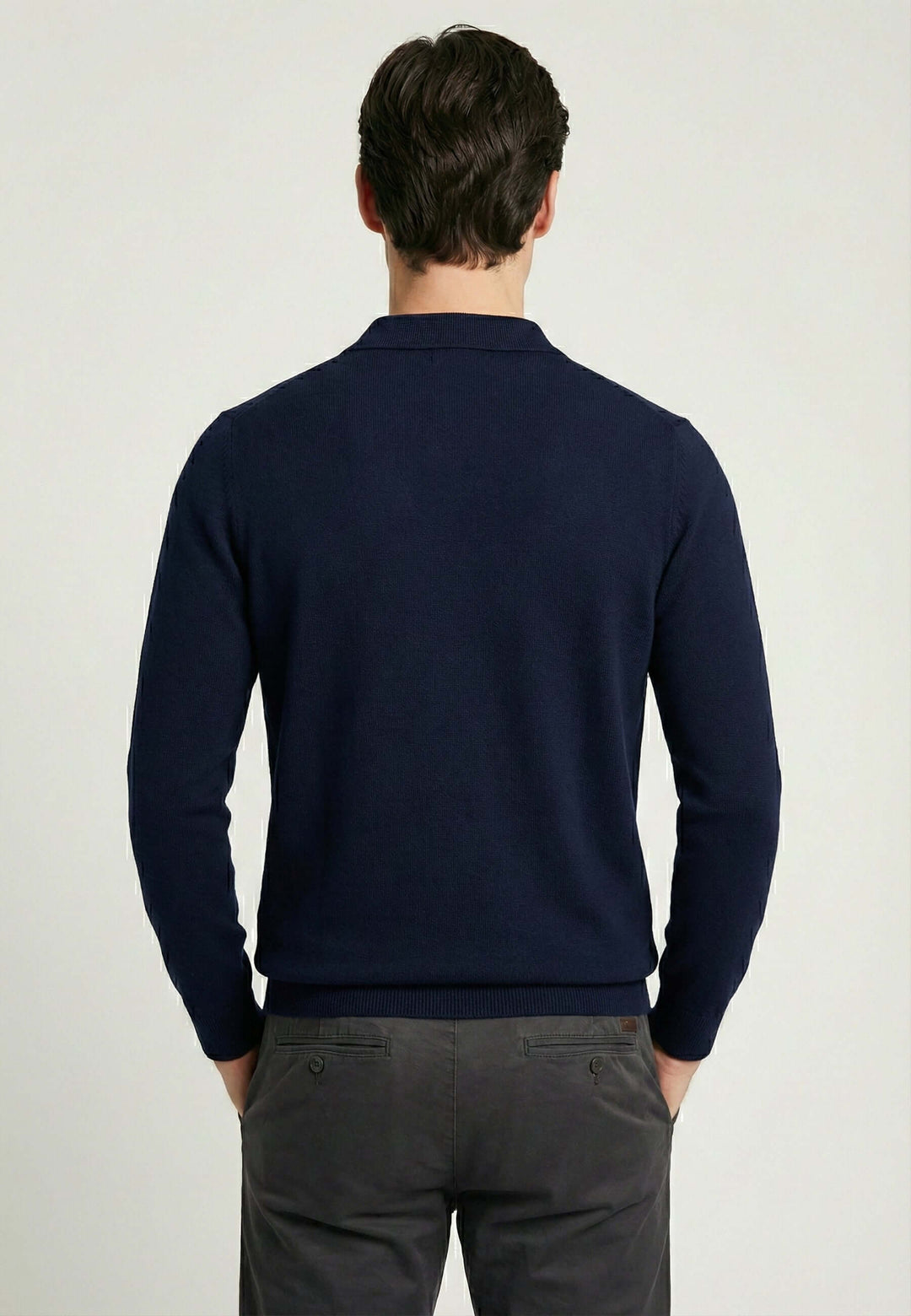 Knitted long sleeve polo for men - Dark blue