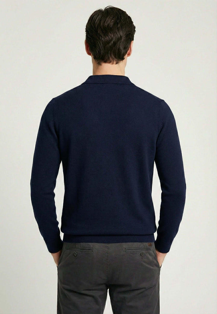 Knitted long sleeve polo for men - Dark blue