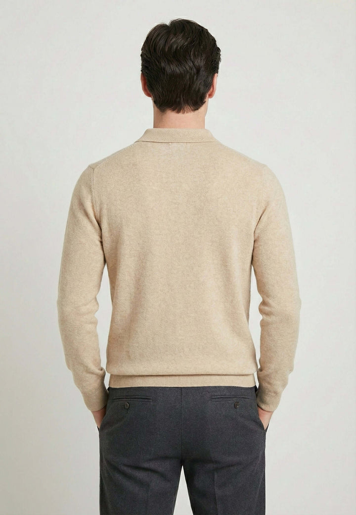 Knitted long sleeve polo for men - Beige