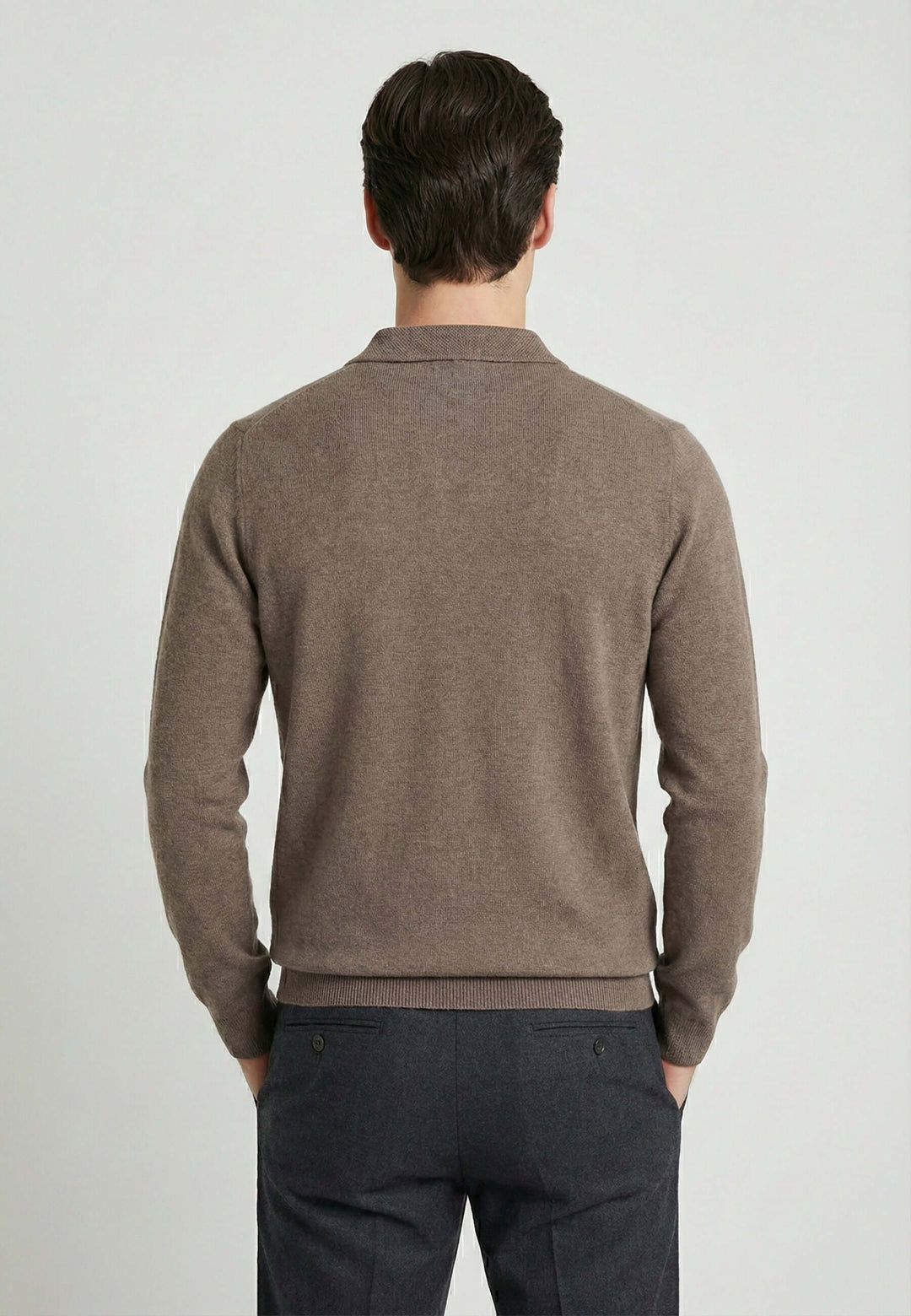 Knitted long sleeve polo for men - Brown