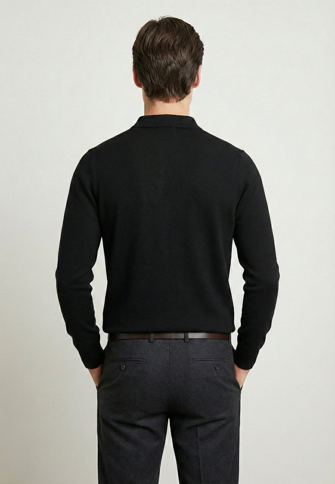 Knitted Long Sleeve Polo with buttoned - Black