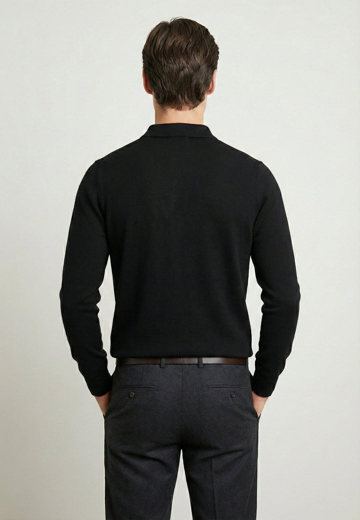 Knitted Long Sleeve Polo with buttoned - Black