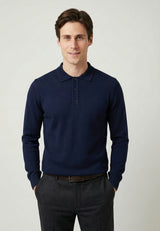 Knitted Long Sleeve Polo with buttoned - Dark blue