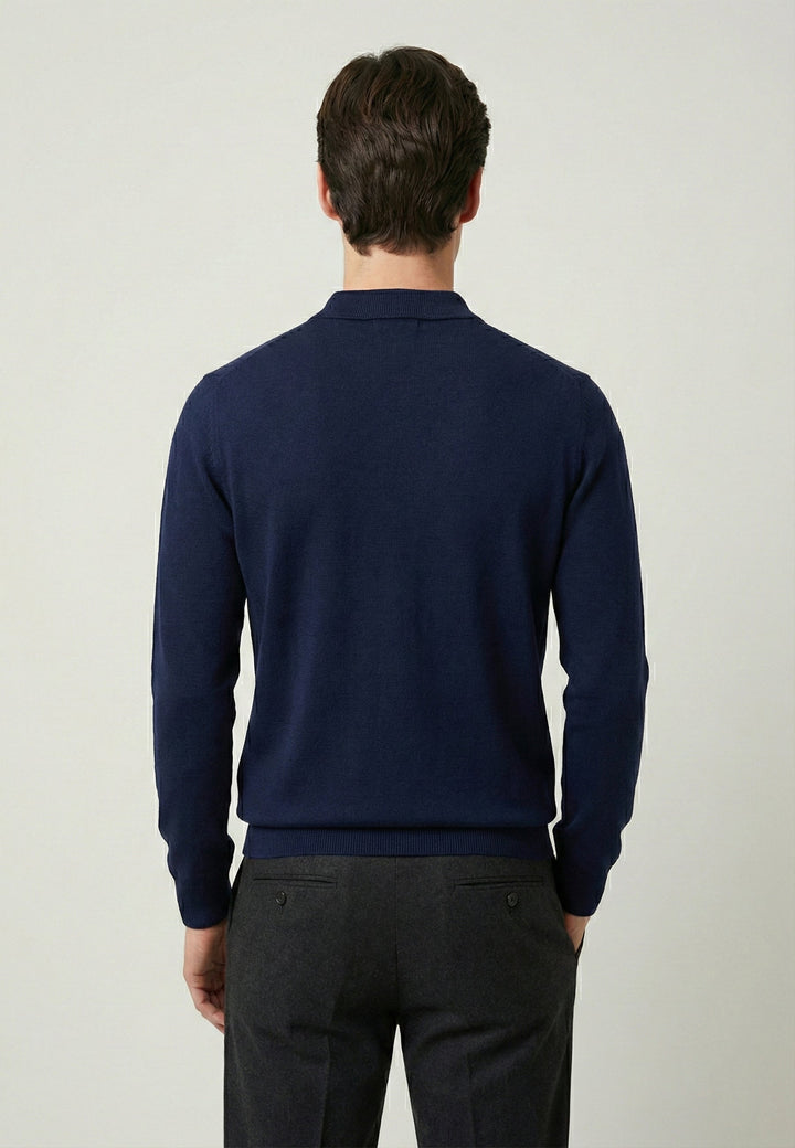 Knitted Long Sleeve Polo with buttoned - Dark blue