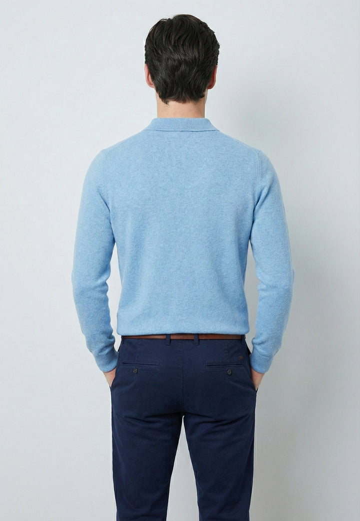 Knitted Long Sleeve Polo with buttoned - Blue