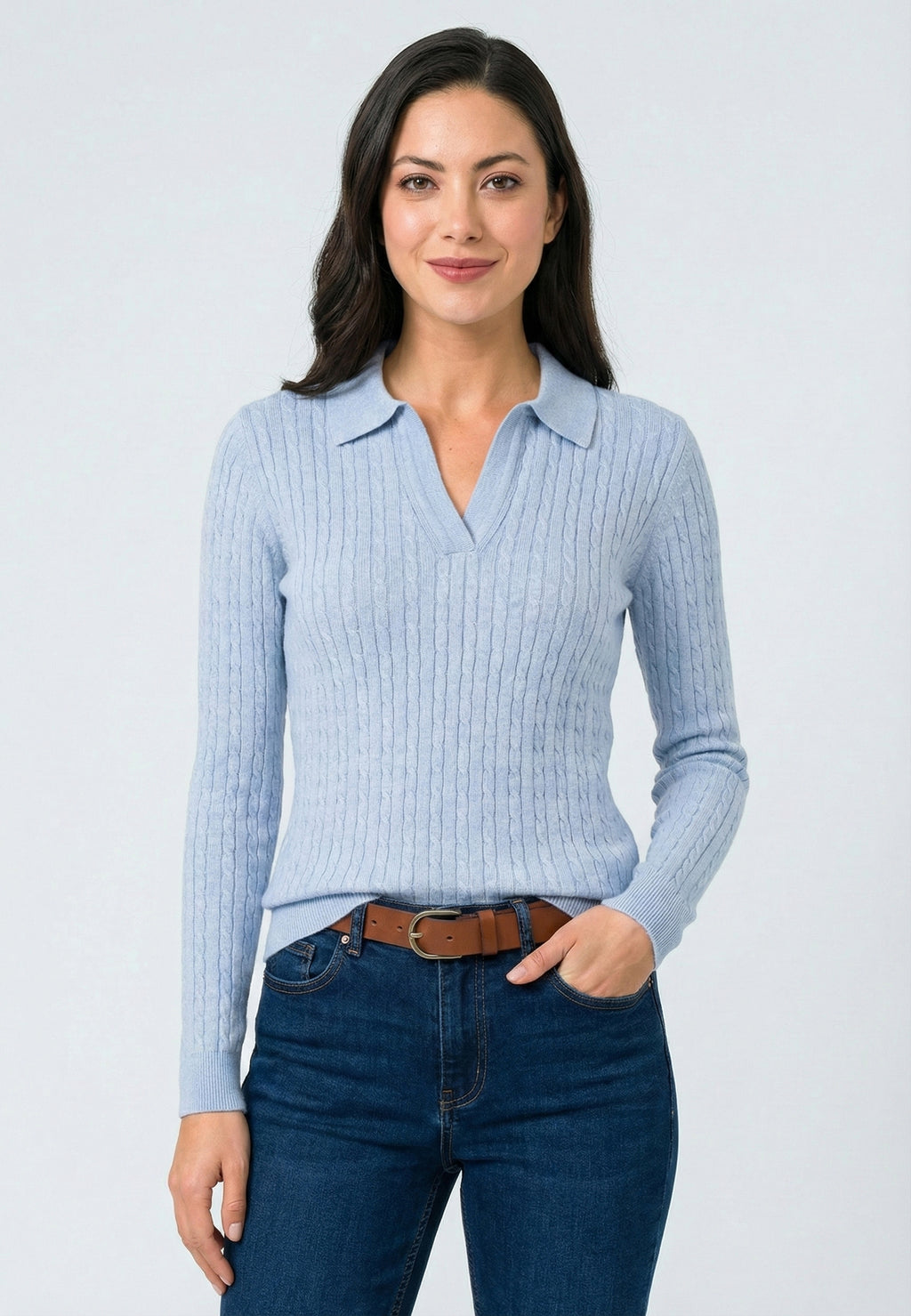 Cable Knit Buttonless Long Sleeve Polo Pullover