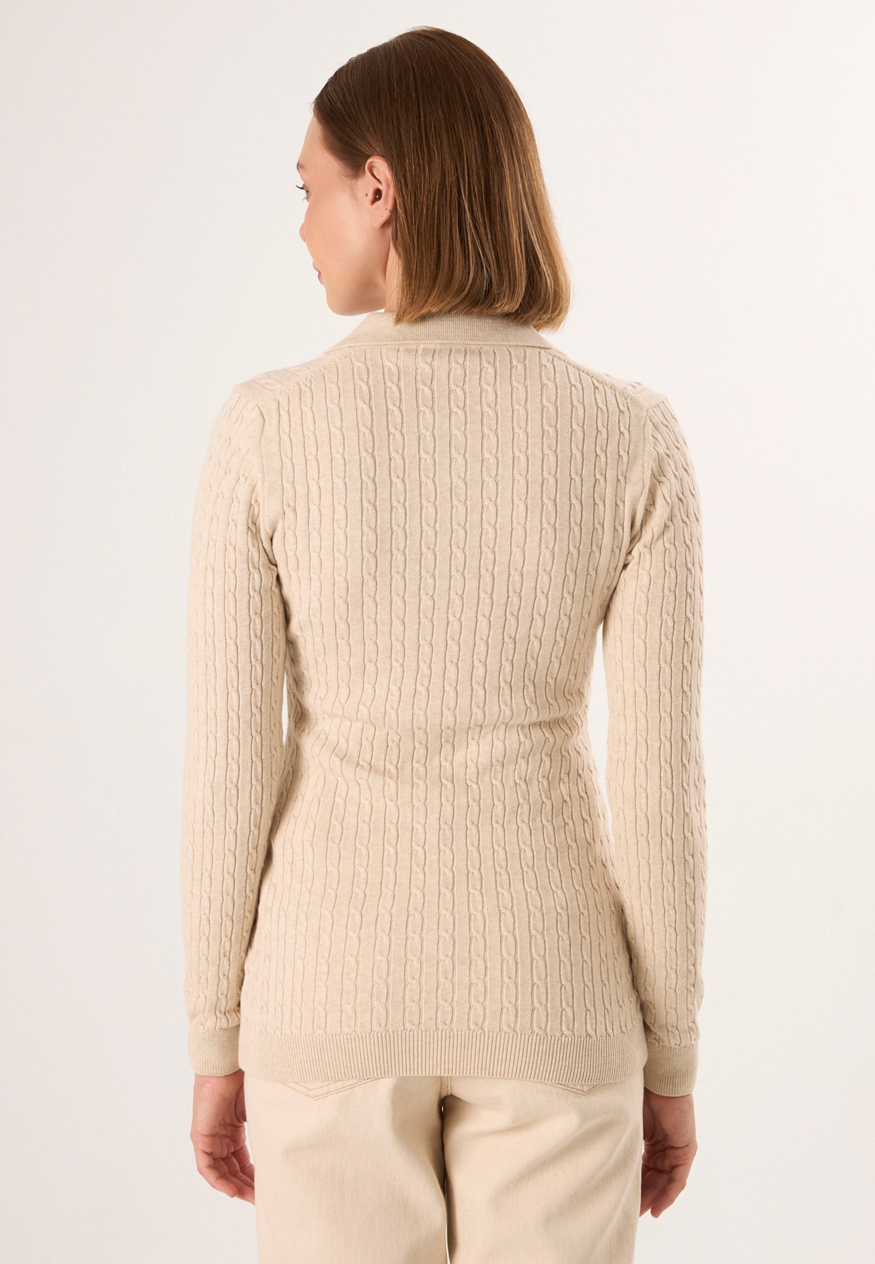 Cable Knit Buttonless Long Sleeve Polo Pullover