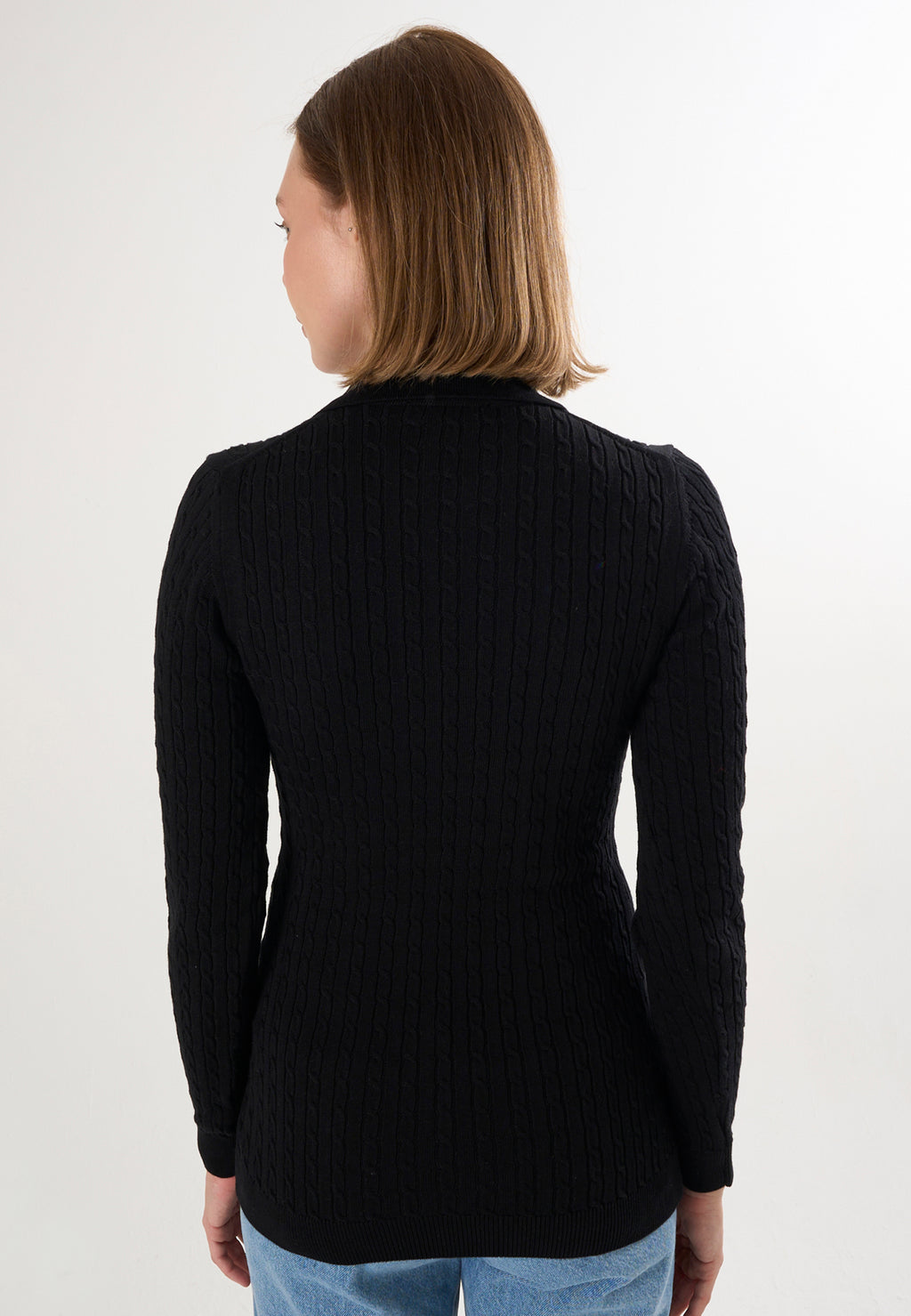 Cable Knit Buttonless Long Sleeve Polo Pullover