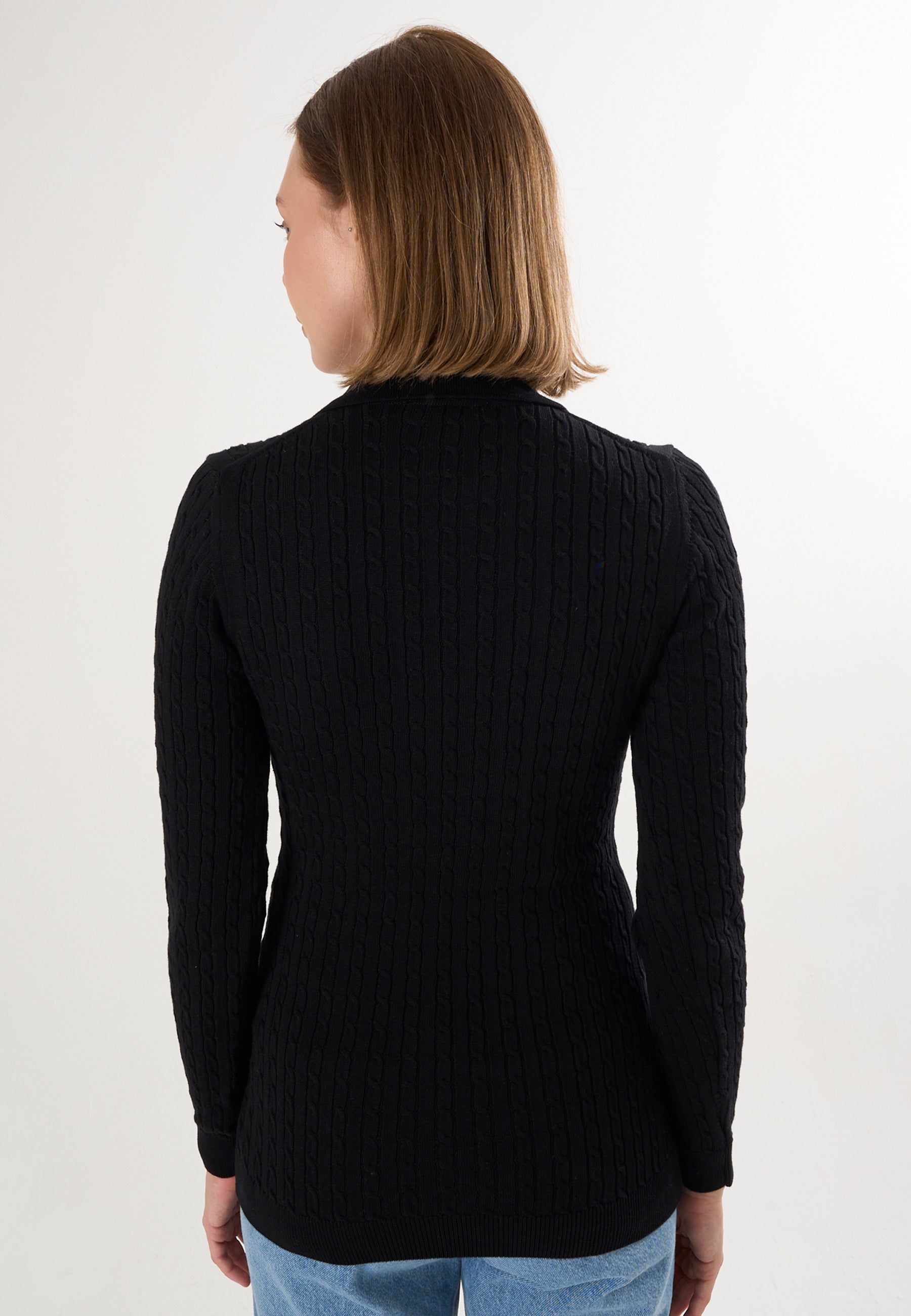 Cable Knit Buttonless Long Sleeve Polo Pullover