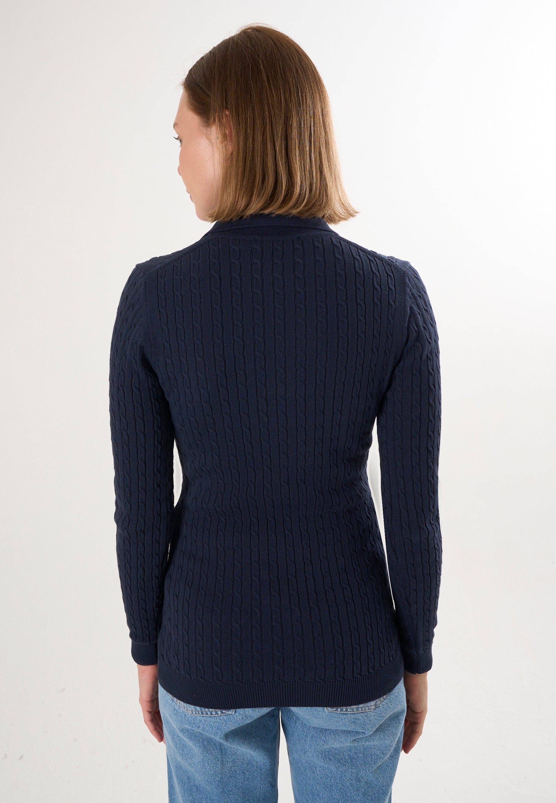 Cable Knit Buttonless Long Sleeve Polo Pullover