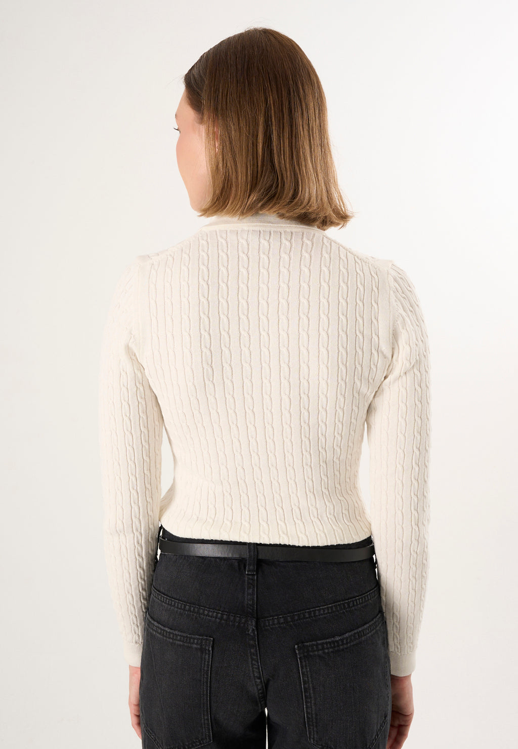 Cable Knit Buttonless Long Sleeve Polo Pullover