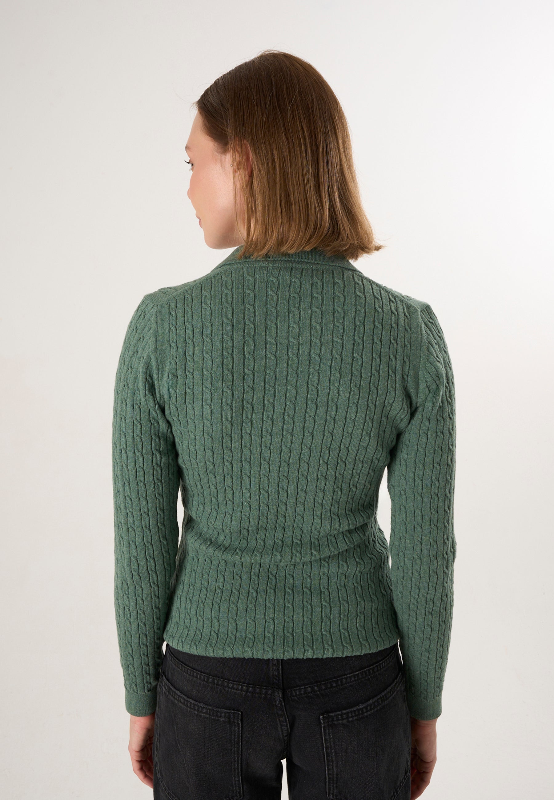 Cable Knit Buttonless Long Sleeve Polo Pullover