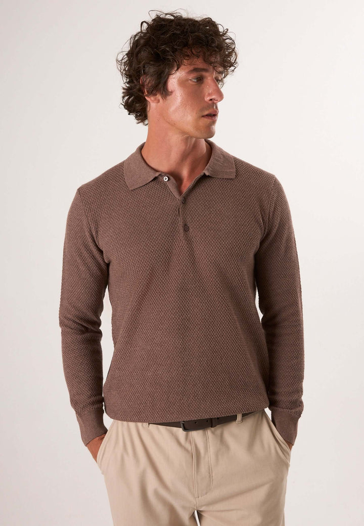 Knitted Buttoned Long Sleeve Polo