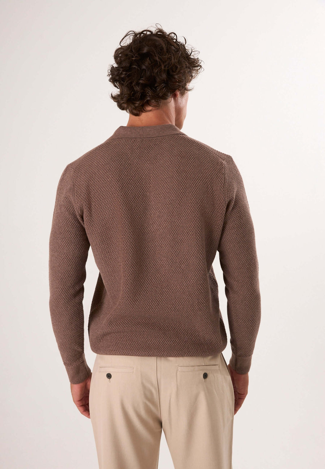 Knitted Buttoned Long Sleeve Polo - Brown