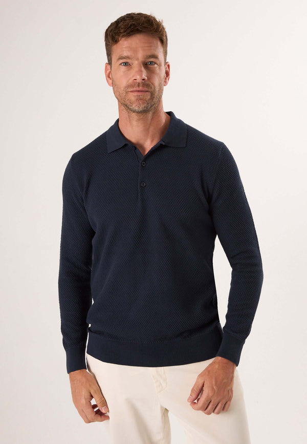 Knitted Buttoned Long Sleeve Polo
