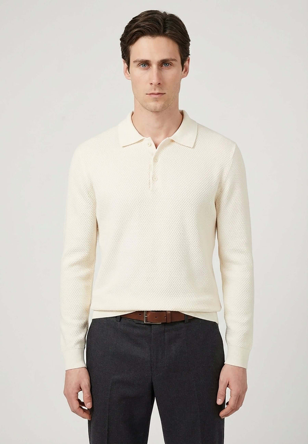 Knitted Buttoned Long Sleeve Polo
